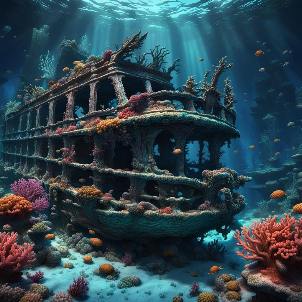 A vibrant underwater seabed of  flourishing corals around the ribs of an ancient decaying shipwreck. ...  by @Nina Camplin