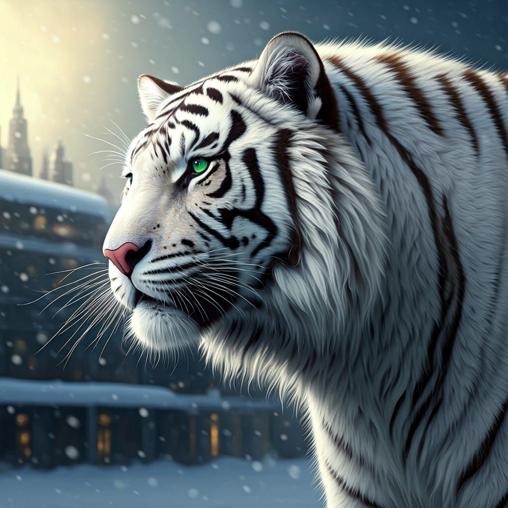 White Tiger in Snow Prowling in a snow covered city scape