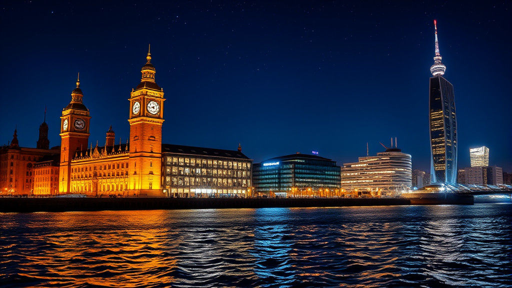 A night-time skyline of Liverpool, Showing The Liver Buildin...