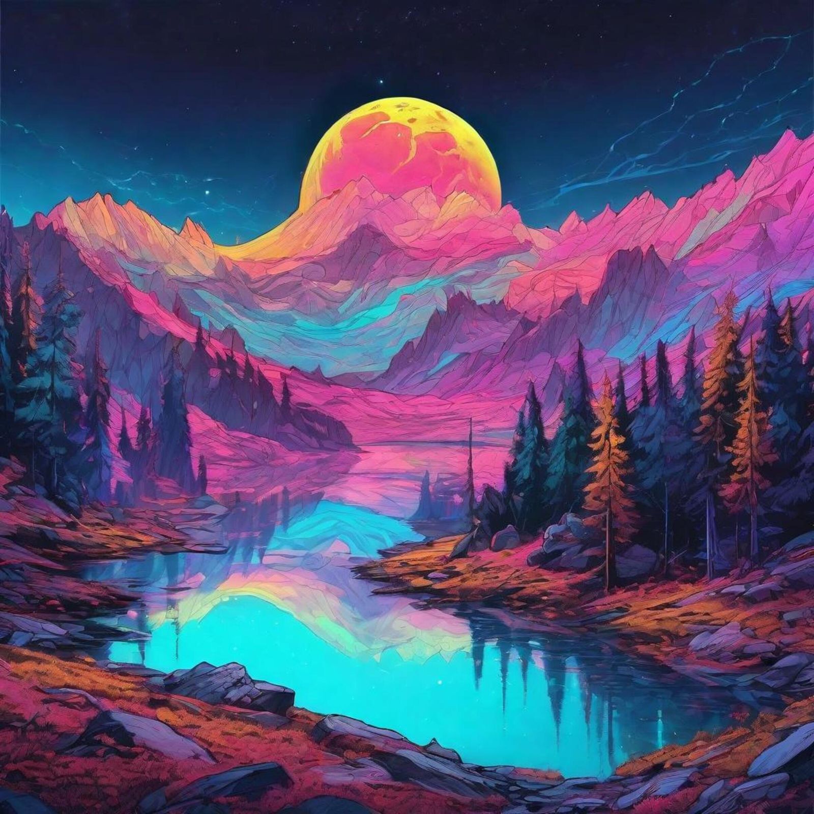 Otherworldly watercolor Landscape of a steam running through...