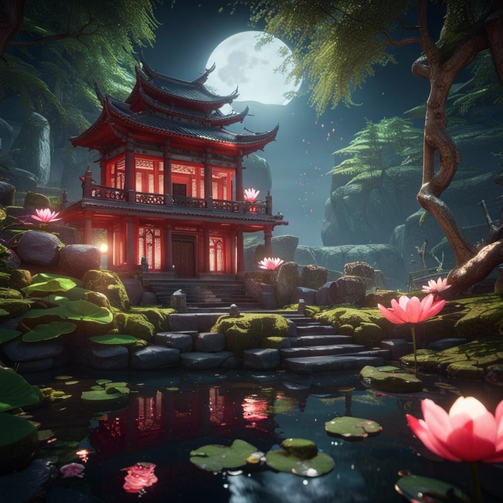 small red decorated temple with a small water lily pond and ...