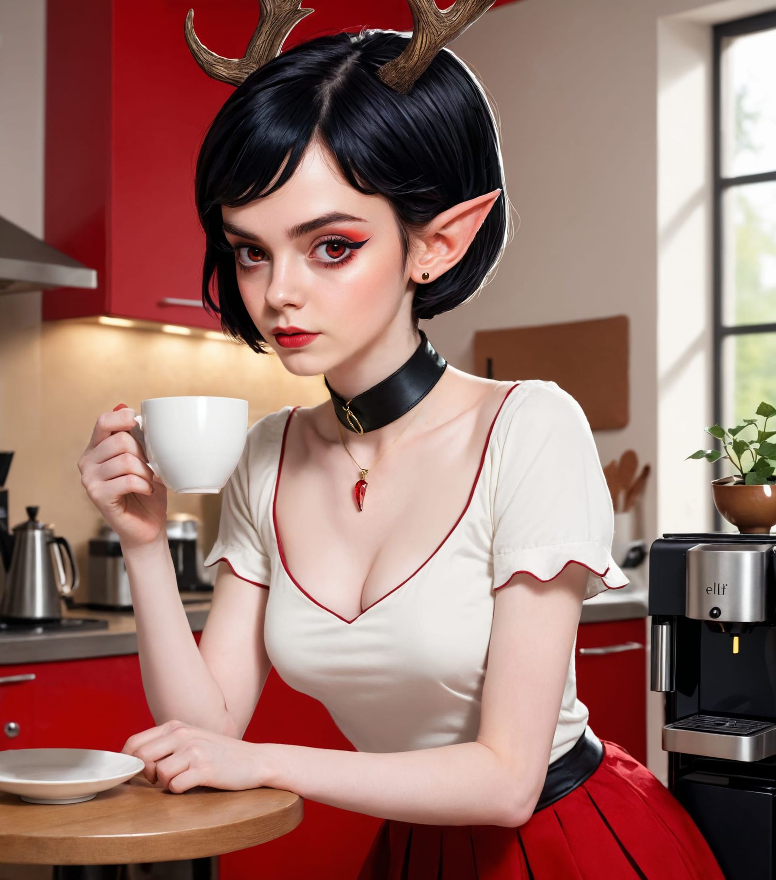 Sipping her daily cup of coffee. [Backdoor series]