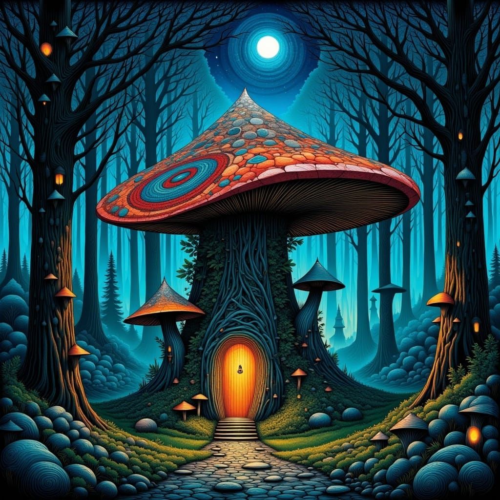 <lora:Deco-Detail:1.0> A fairy mushroom house in an enchanted bioluminescent forest.