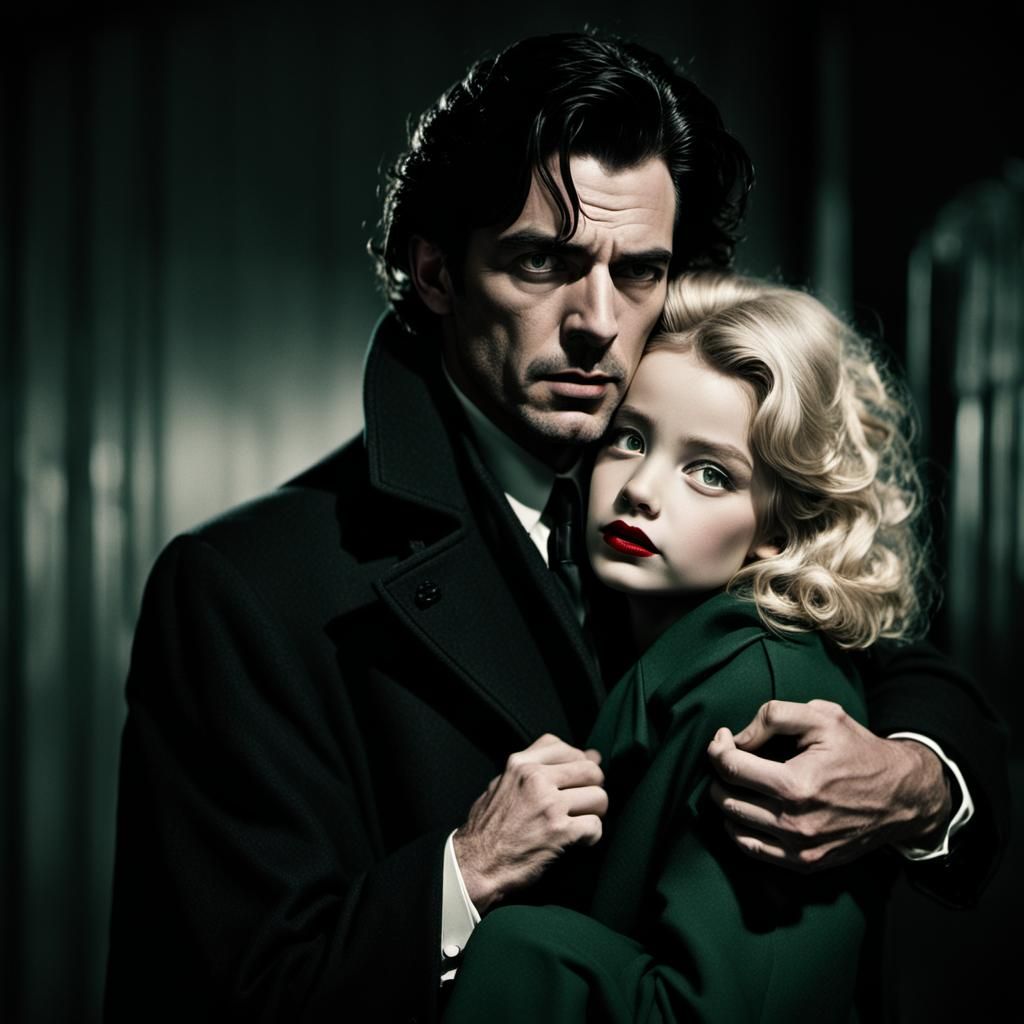Film Noir Detective Protecting Girl in 1940s Style