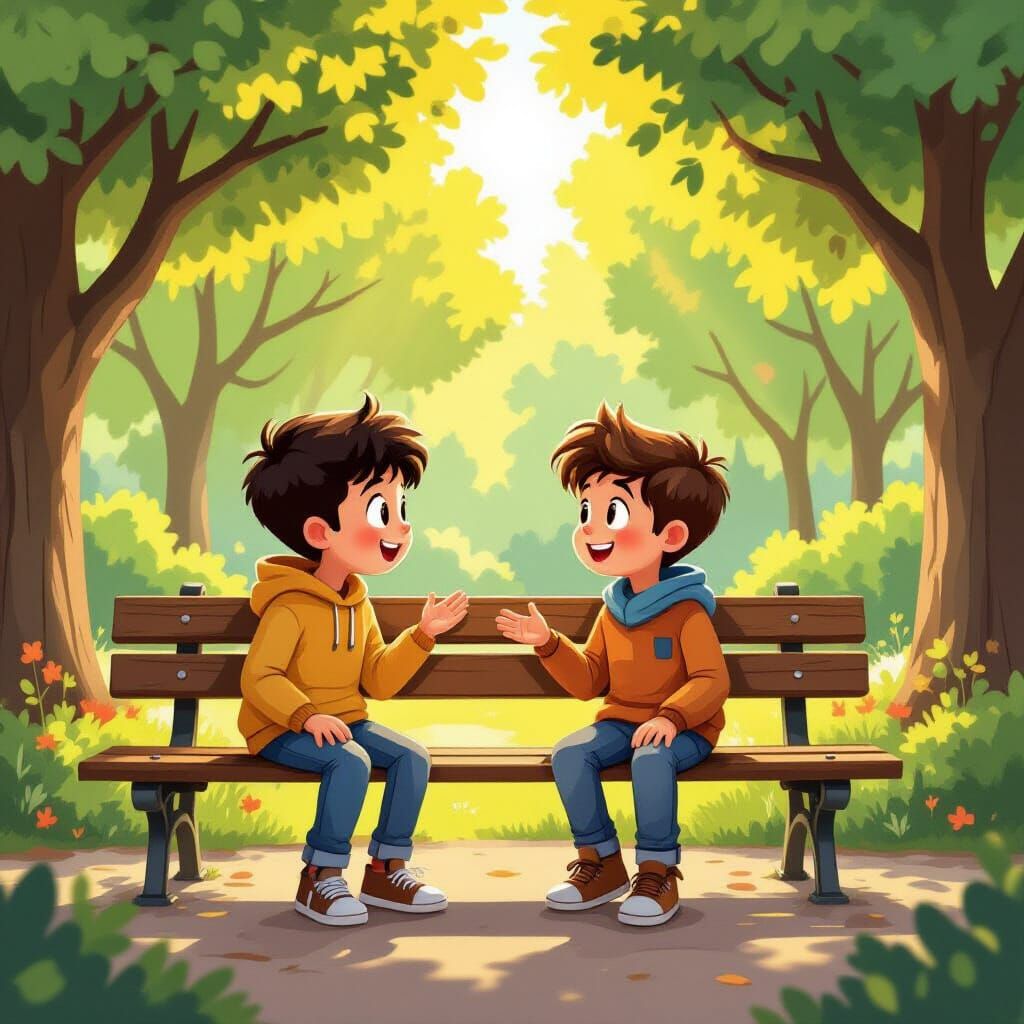 Young Boys Chatting on a Park Bench in Sunlight