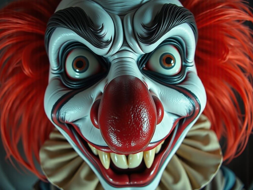 An extreme close-up fisheye lens view of an evil clown <lora:Fisheye:1.2>
