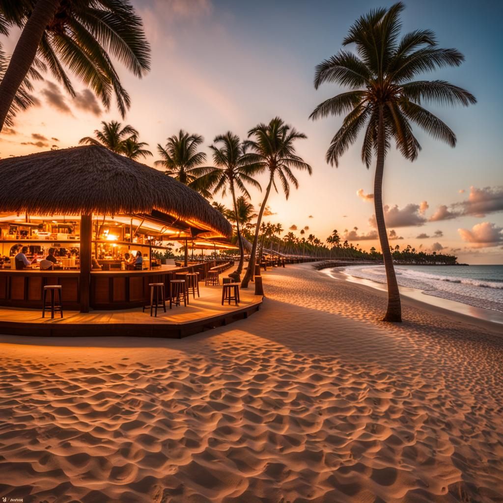 A beautiful wide-angle shot of a tropical beach at sunset. P...