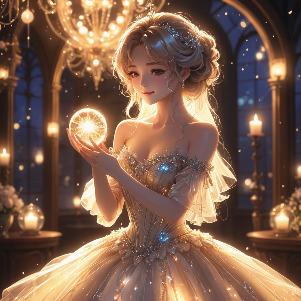 Anime Girl in Glowing Gown with Vitreo Background