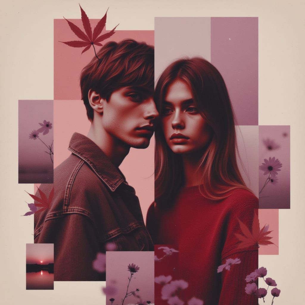 collage lo-fi <lora:BleakBeauty:1.0> fragmented, autumn, red, lavender, couple, overlapping autumn leaves, overlapping sunset, muted tones, ...