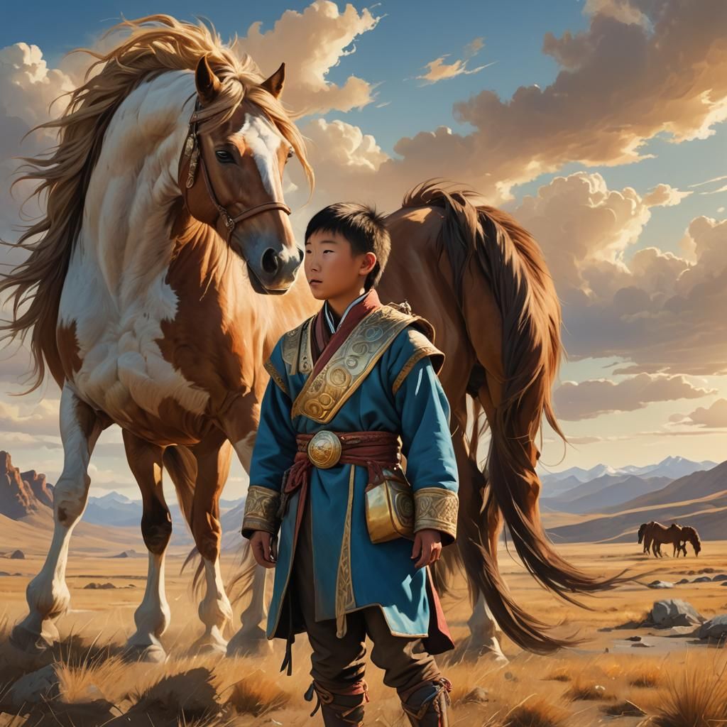 Mongolian Boy and Horse in Majestic Landscape