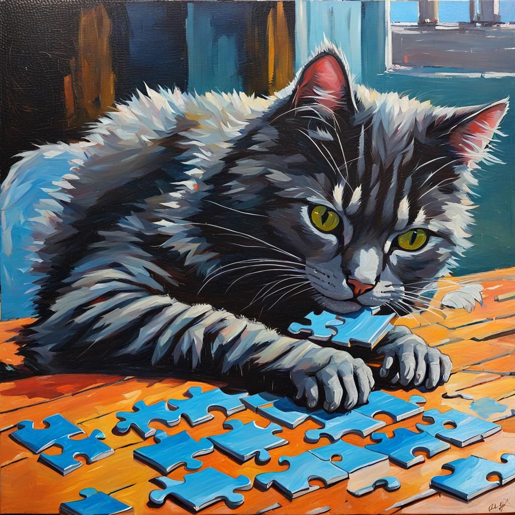 A cat putting together a puzzle
