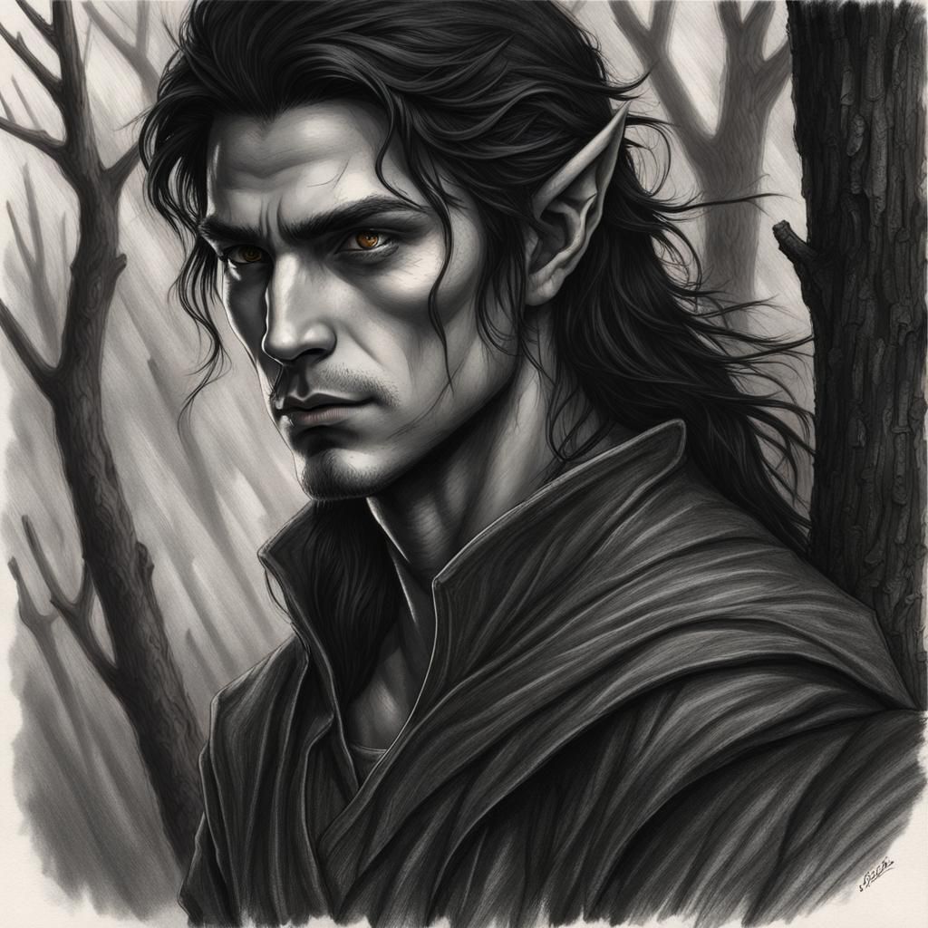 Male elf, pointy ears, long flowing black hair, amber eyes, fair ...