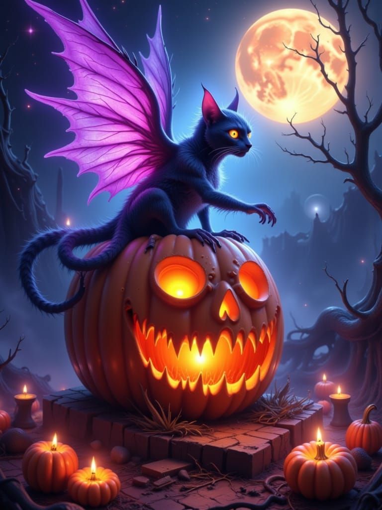 An ethereal magical being with bioluminescent wings, perched on a giant, glowing jack-o'-lantern (Paul Lehr:1.5) The air is thick with magic...