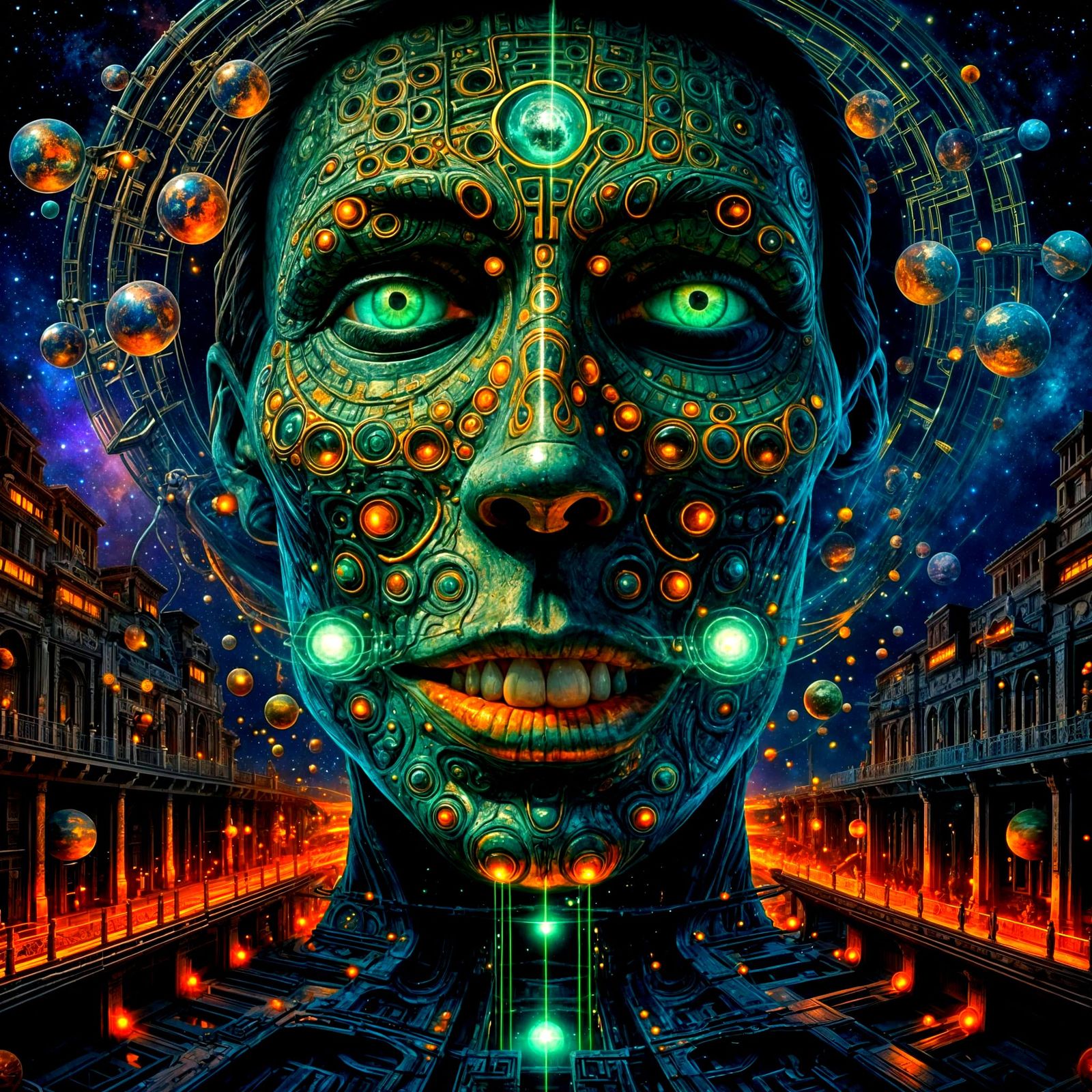 Interstellar Neolithic Cityscape with Fractal Riddler Face