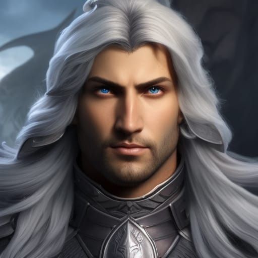 Male, aasimar, dungeons and dragons, caucasian ,long silver hair ...