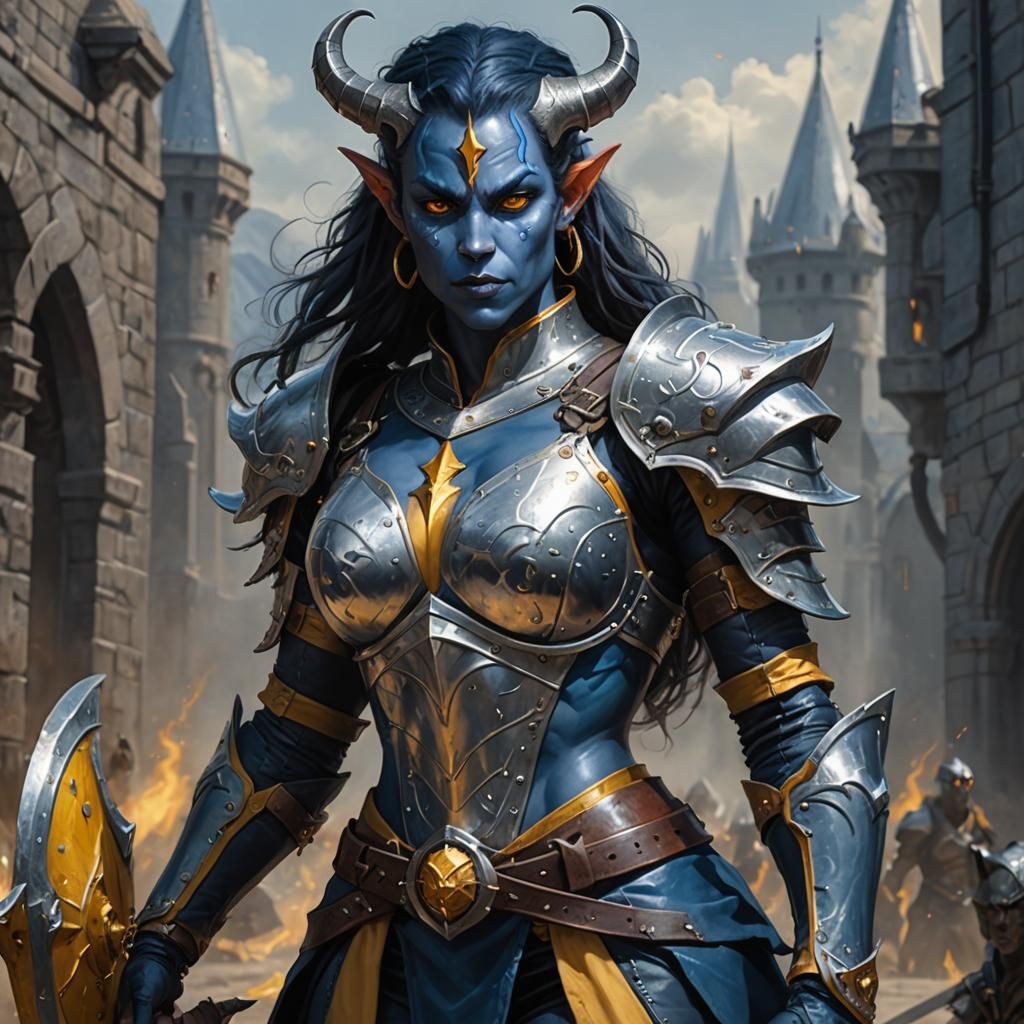 Beautiful, Muscular, blue Tiefling woman, with yellow eyes, ...