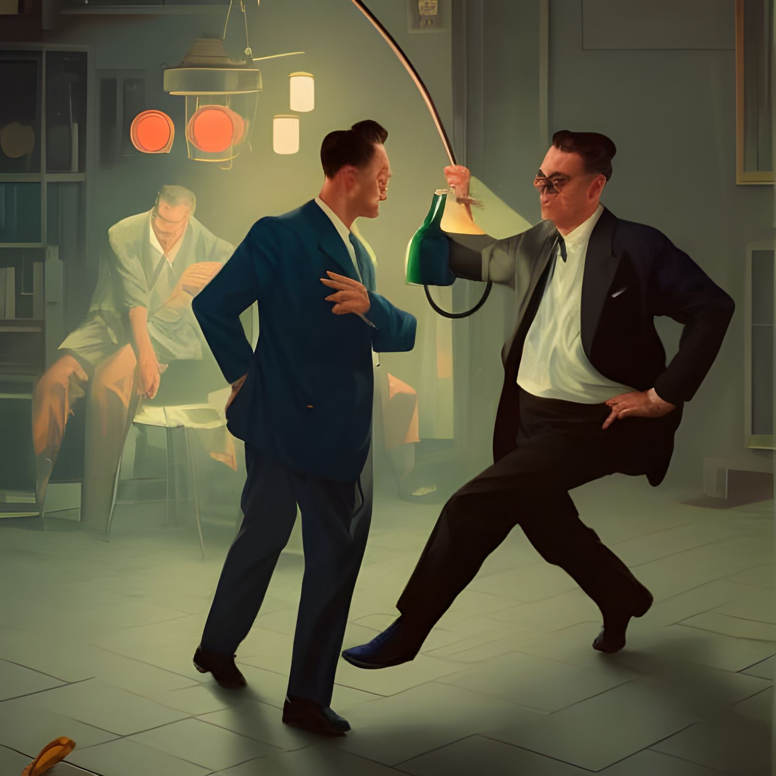A 1950s businessman kicking a 1950s milkman