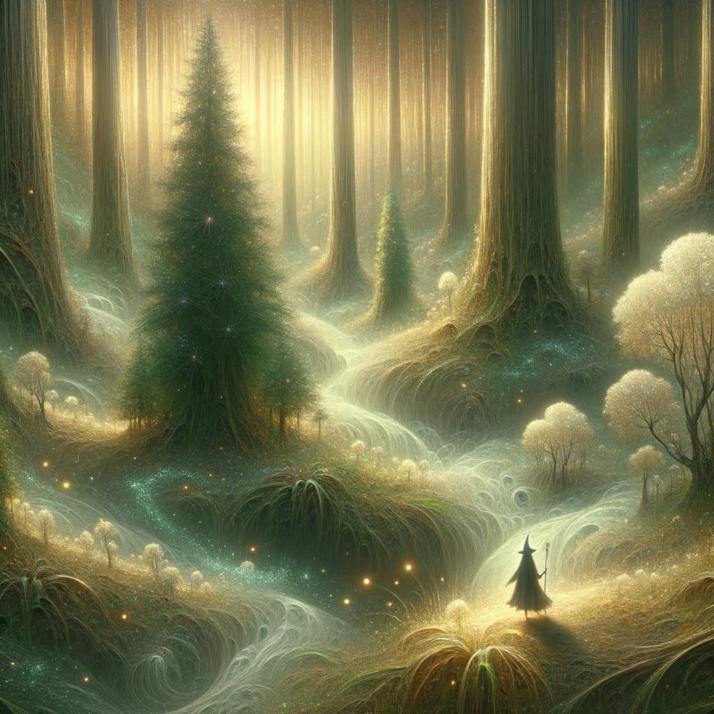tiny miniscule witch in a giant forest, she is tin compared to the giant forest, enchanted, glowing flora, little sparkles around the tiny w...