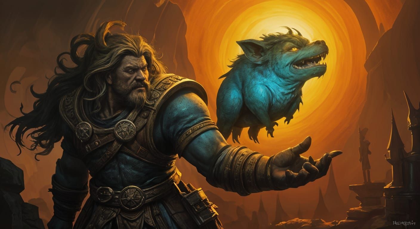 dwarf performs tricks with his blue pigmy fae-wolf