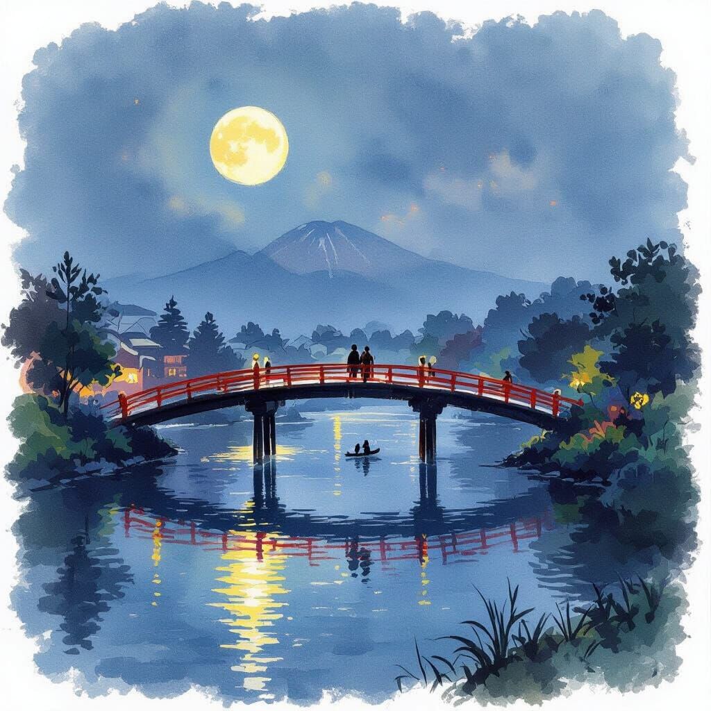 algo semelhante as pinturas Lírios e a Ponte Japonesa de Monet com um traço mais delicado, a noite com uma lua crescente no céu 