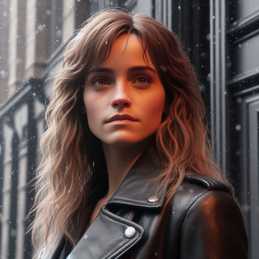 Emma Watson as Hermione Granger under Snow, leather jacket