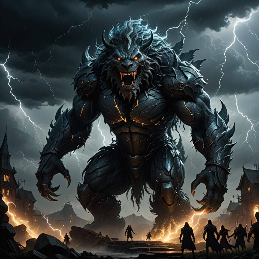 Create an image of a kind, smiling monster emerging from a thundercloud. He stands tall on the stage, ...  by @Russell 