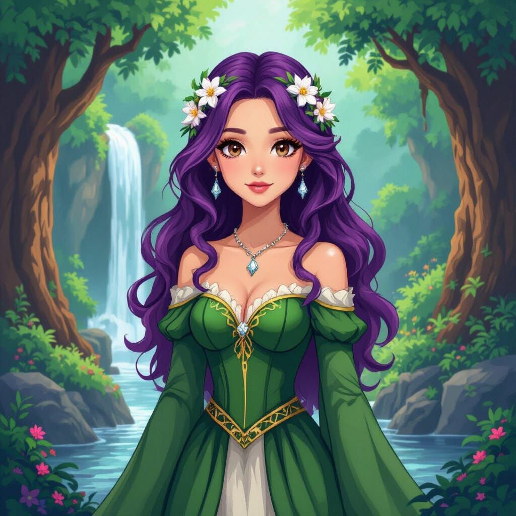 "A pixel art style image featuring a beautiful female character with long, wavy purple hair adorned with a delicate white flower crown. She ...