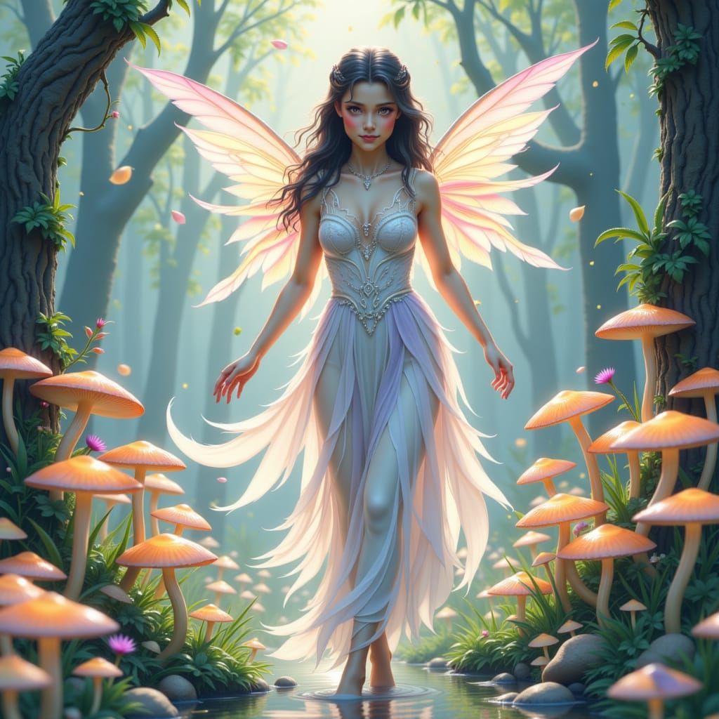 Watercolor painting. A delicate fairy with pastel-colored wings flits through a dreamlike forest filled with soft, glowing mushrooms. The sc...