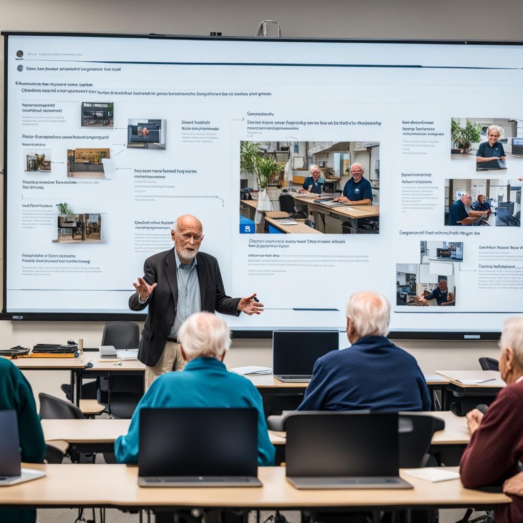 Computer workshop with seniors. Senior teacher stands in fro...