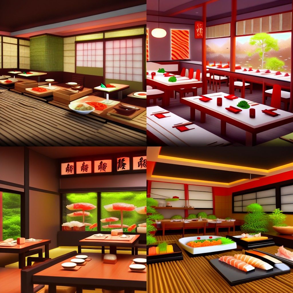 A sushi house, concept art fantasy, realistic render 4k