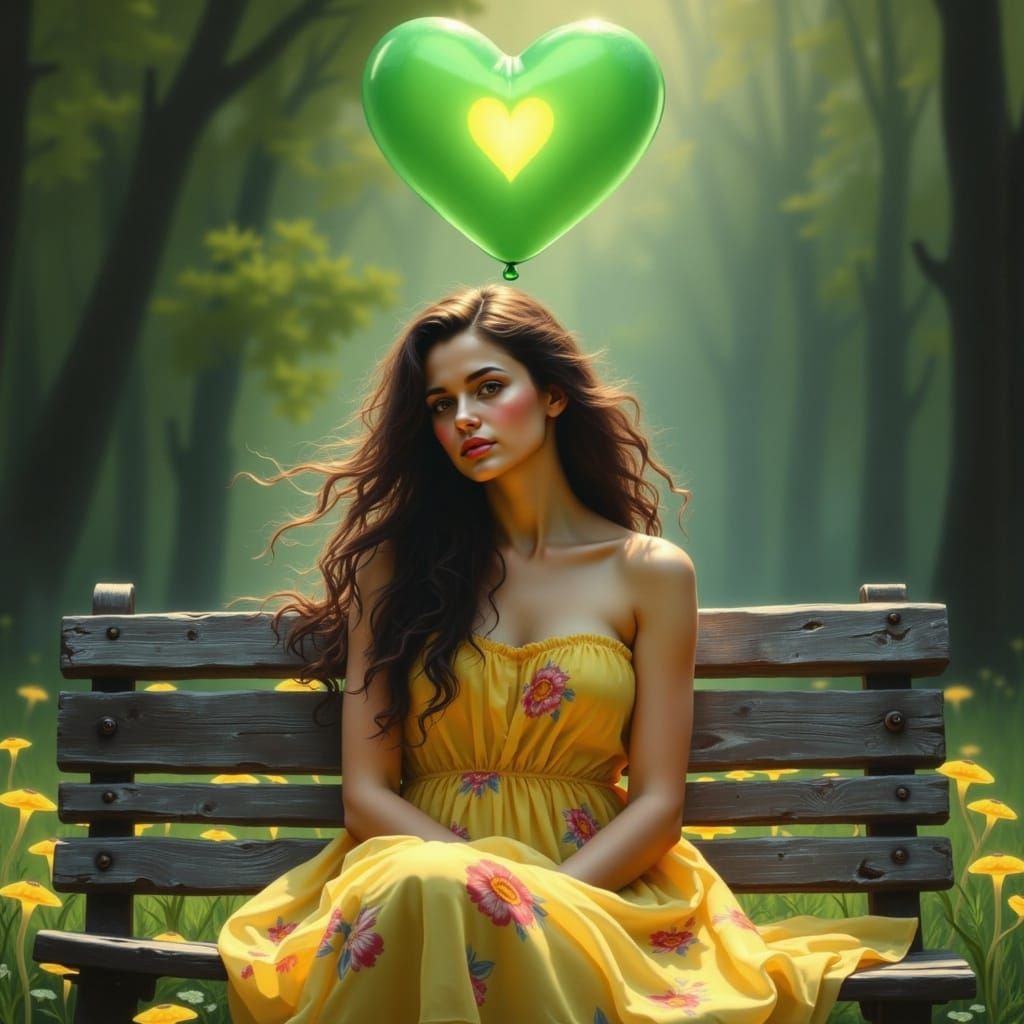 <lora:Heart:1.0> Beautiful woman sitting on a park bench, green heart 