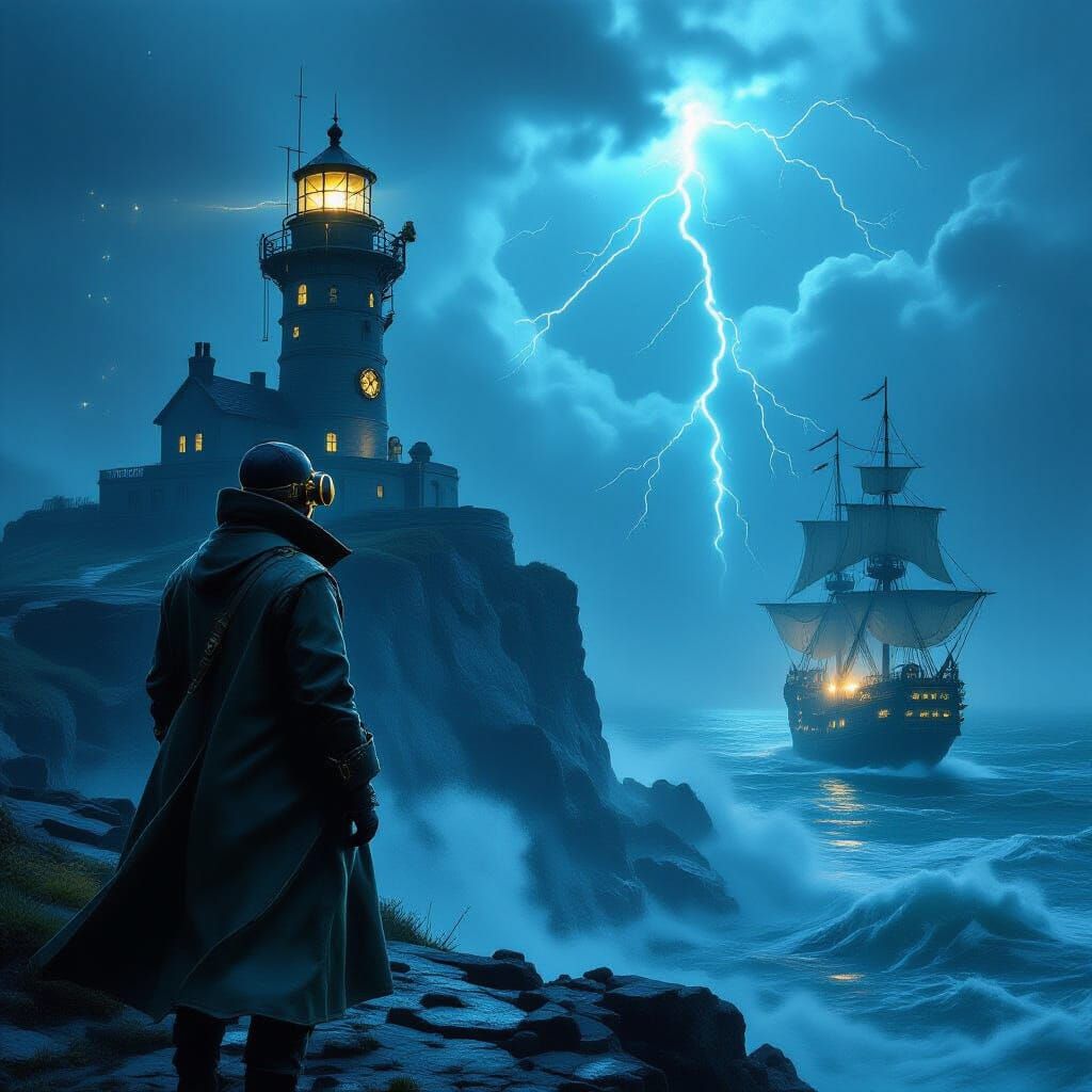 A lone lighthouse keeper stands on a rugged cliffside, gazing out at a stormy, bioluminescent sea. The lighthouse itself is a towering steam...