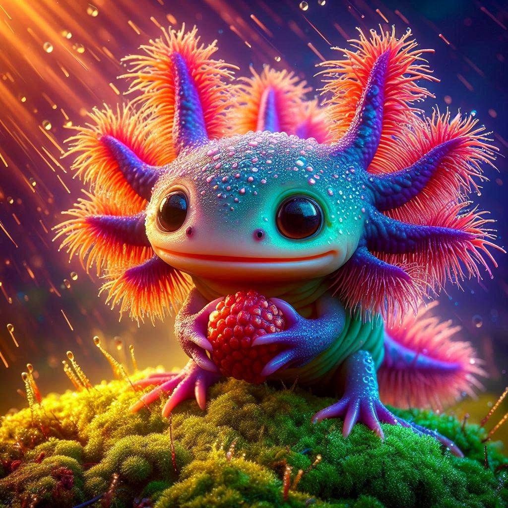 Murex axolotl-tortoise creature with big expressive eyes holds a berry. Its shell is made of many complex spines like antlers-branches filam...