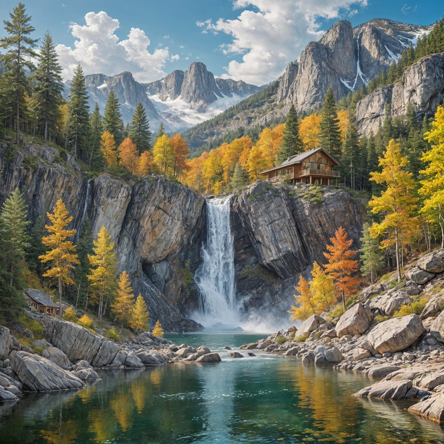American Landscape: Lodge by Waterfall Oil Painting