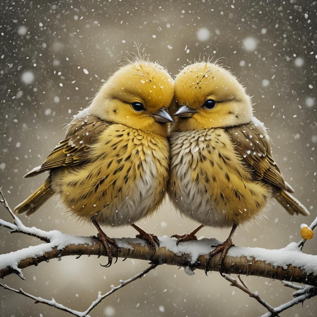 Yellow birds in the snow