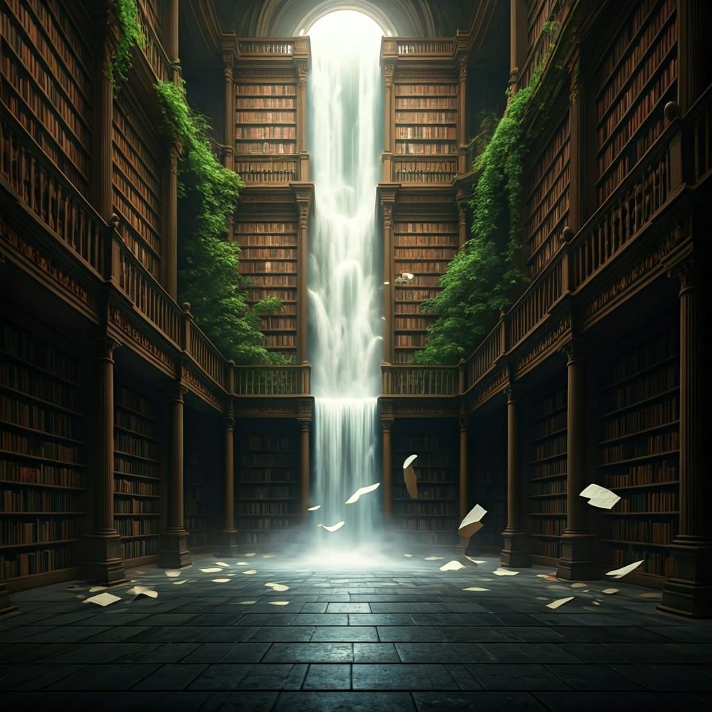 Ancient library bookshelves sprout a flowing waterfall.
Pages flutter in the misty cool breeze.
Reflections shimmer on polished stone floori...