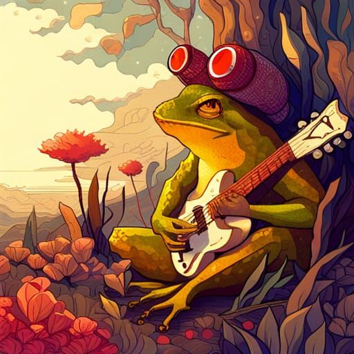 Cute Frog Plays Guitar in Pixel Art Style