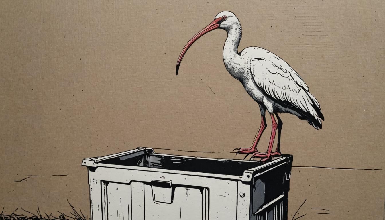 white ibis perched on the edge of a dumpster. woodcut, linoc...