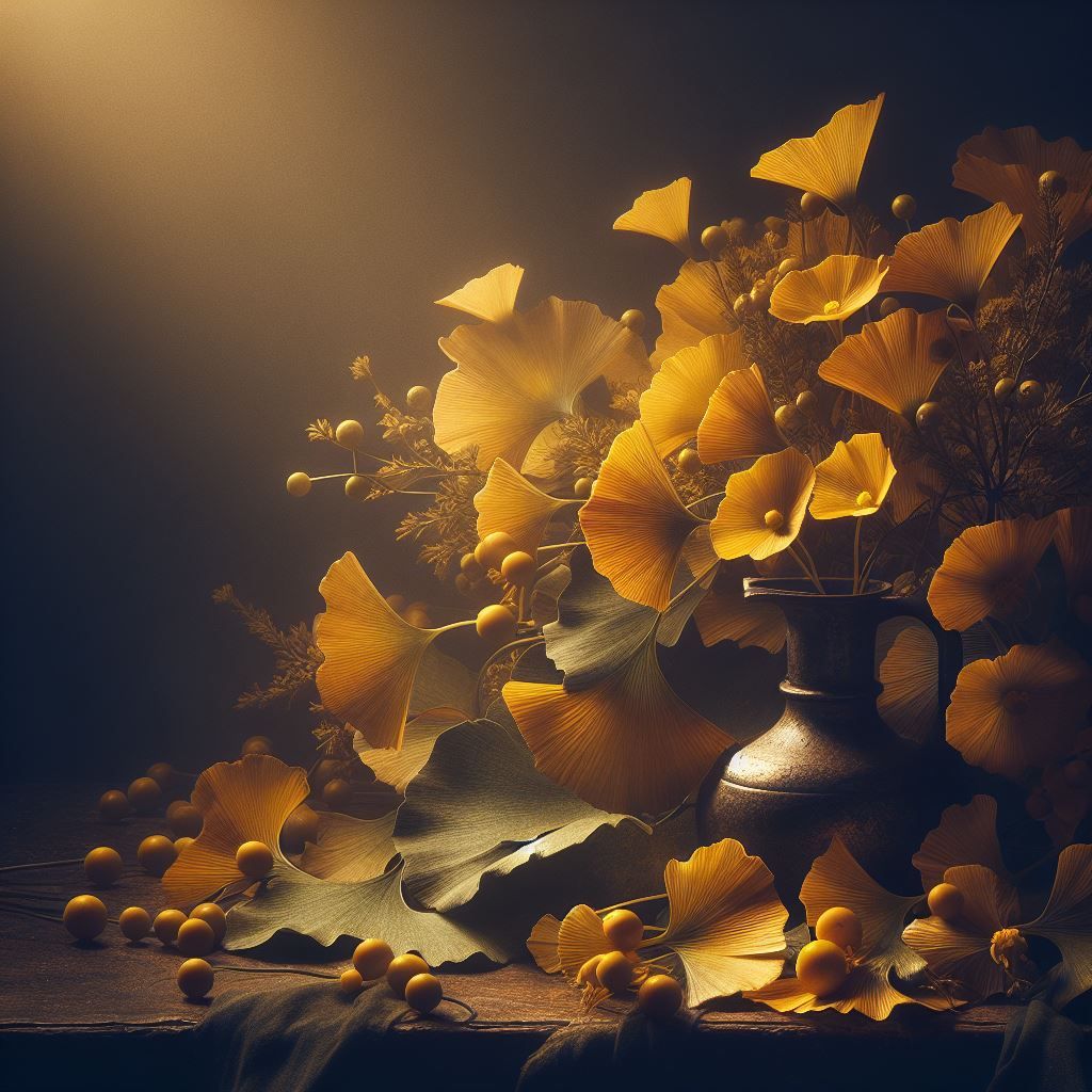 ginkgo biloba leaves, yellow flowers, still life