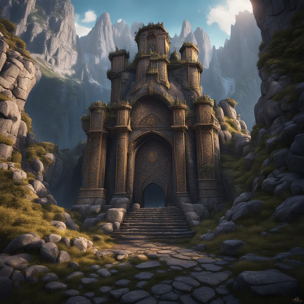 Hidden medieval lair concealed by towering mountains