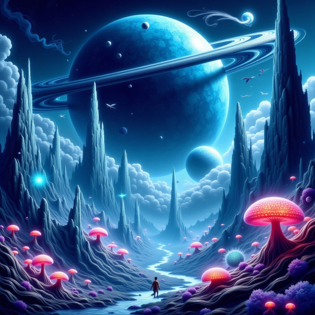 Concept art. An alien planet teeming with bizarre, bioluminescent flora and fauna, bathed in the light of a massive, ringed gas giant. Stran...