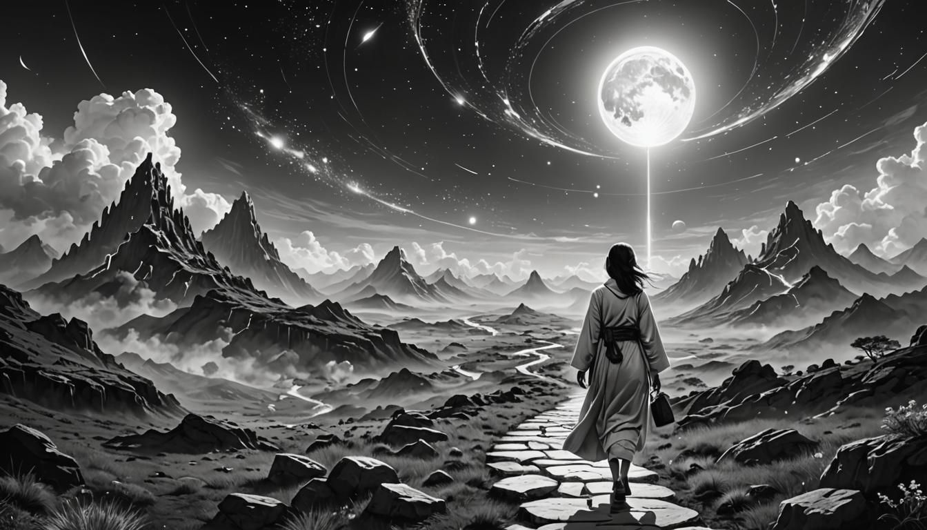 black and white. woman walking the spiritual path, ascension...