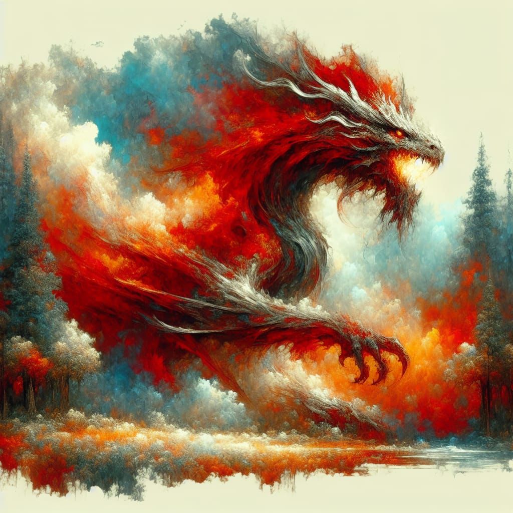 Primordial Dragon, power, strong, terrifying, fire, red. in a forest by Carne Griffiths Ashvin Harrison ...  by @So Confused 