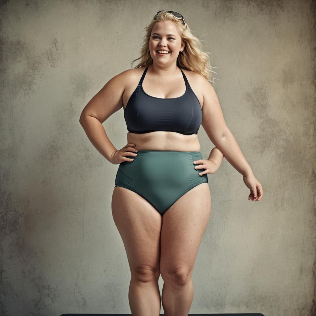 A smiling 30yo blonde obese plus size model, she gained a lo...