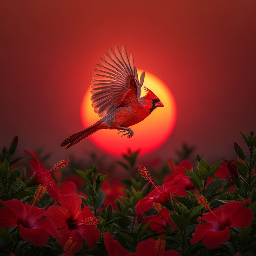 A Study In Red: Cardinal, Hibiscus & Setting Sun  by @paulie