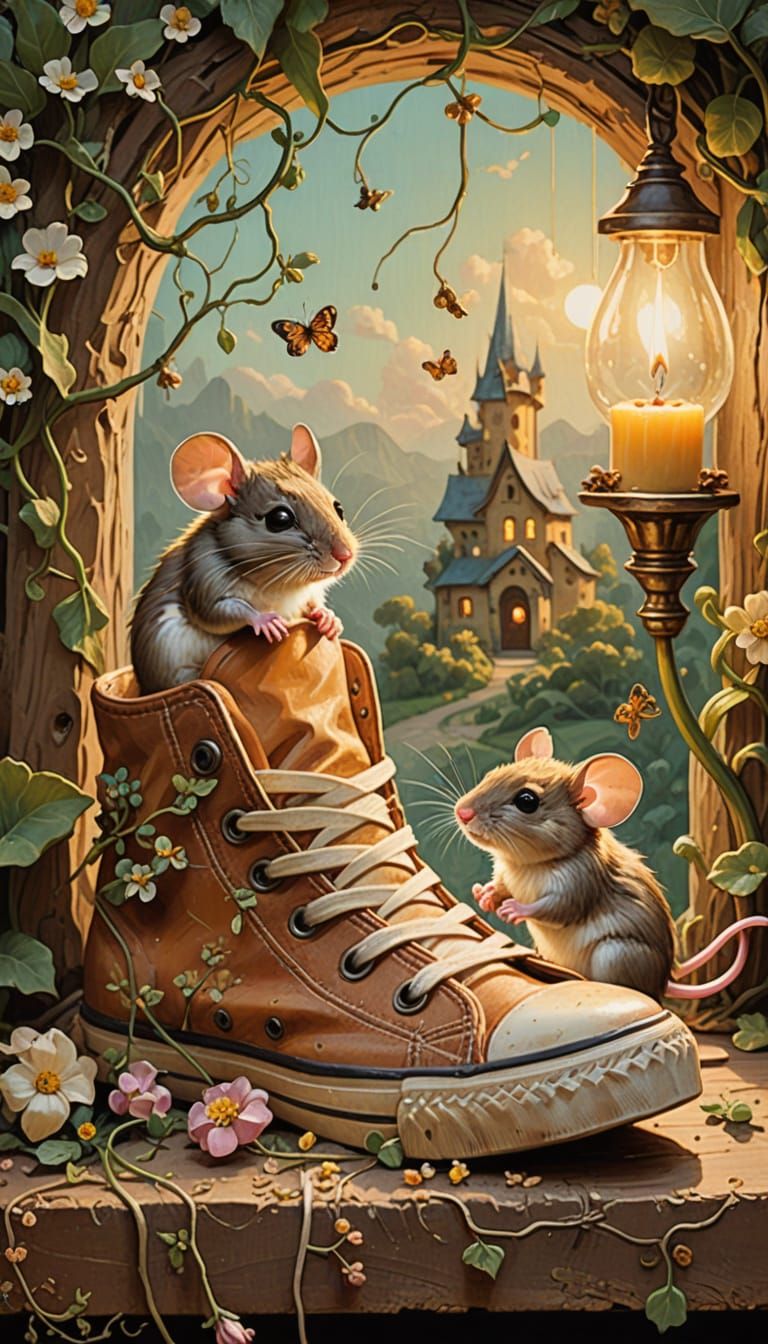 “Cozy Curiosity: Mice in the Rainy Window Sneaker”