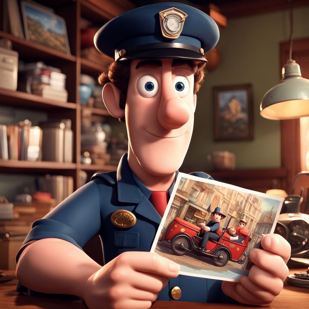 Postman Pat holding a (postcard:1.9) in his hand, postcard should have a  vacation theme, in the style of Pixar, 32k uhd, code-based creation - AI  Generated Artwork - NightCafe Creator