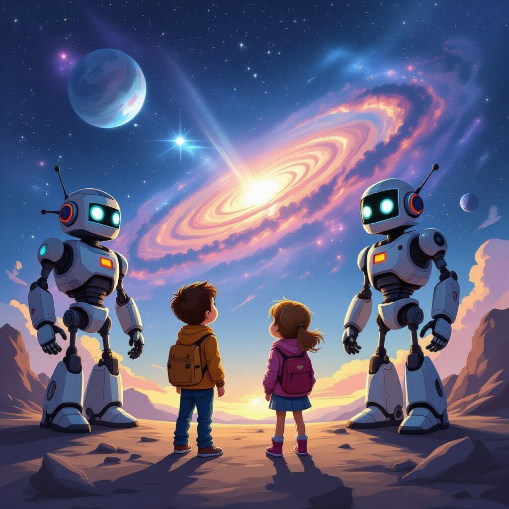 Two children stand in the middle of the universe and look around them curiously. From the side, they see two evil robots looking at them in ...