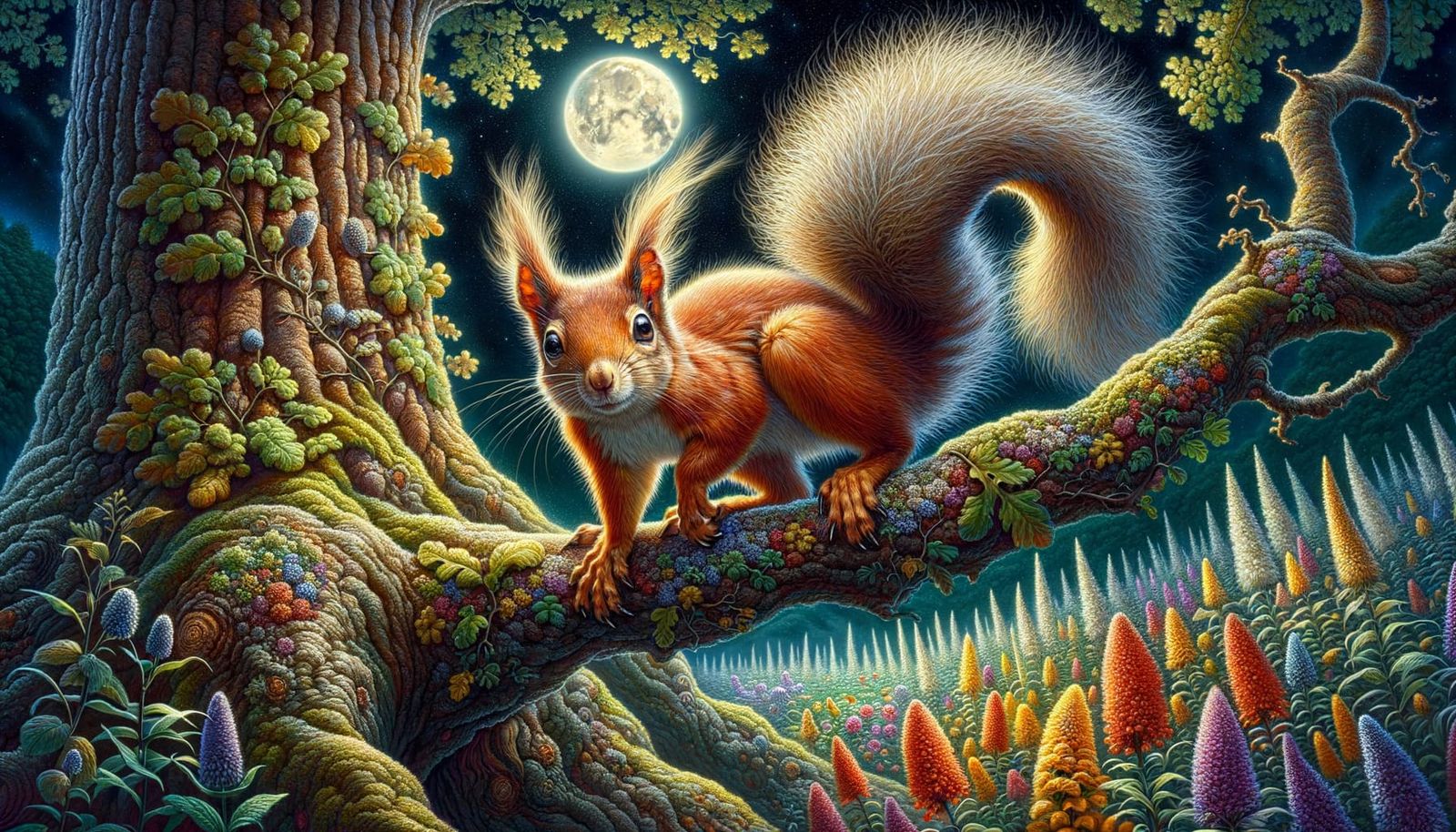 Squirrel's Moonlit Dance Among Wildflowers