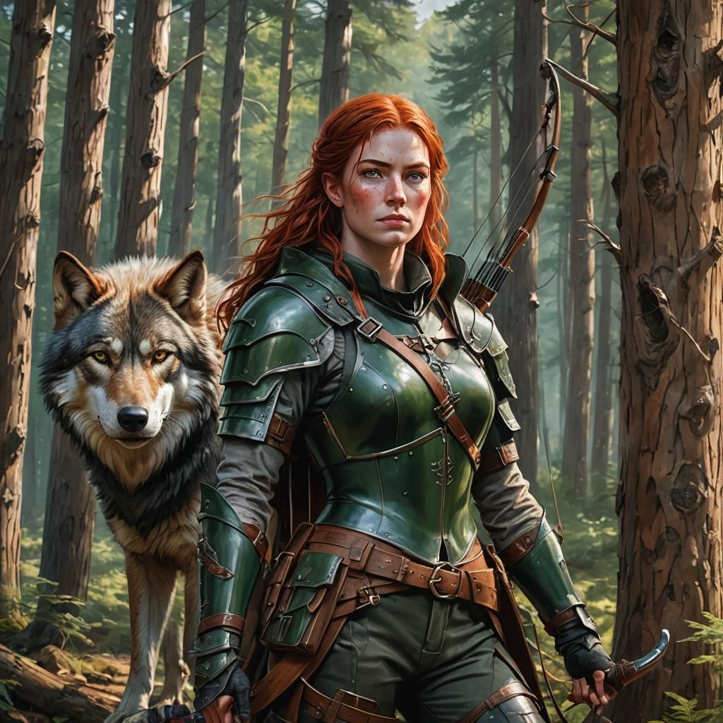 Woman hunter dressed in dark green leather armor, waist leng...